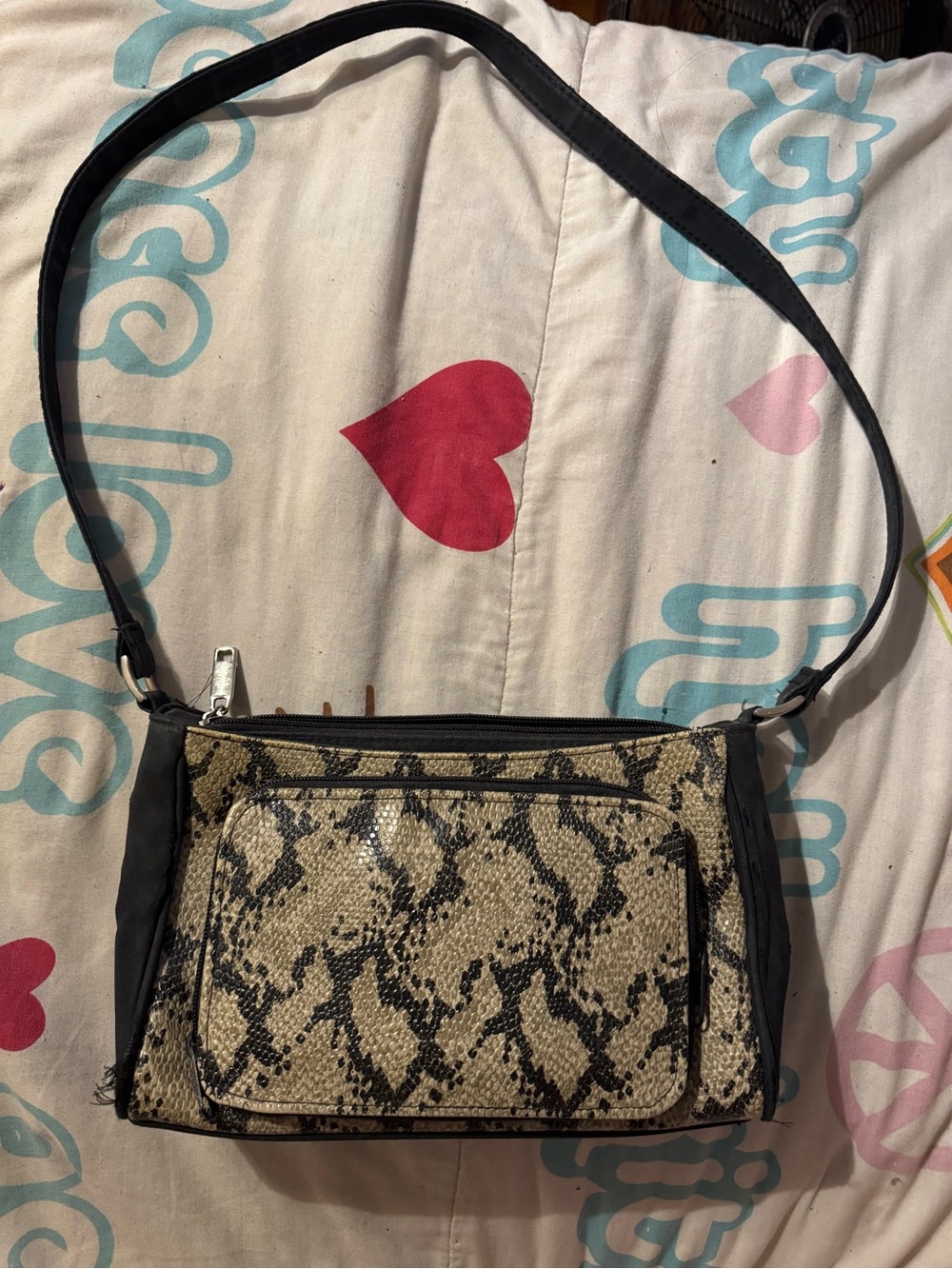 Snake-Print Crossbody Shoulder Bag in Beige and Black